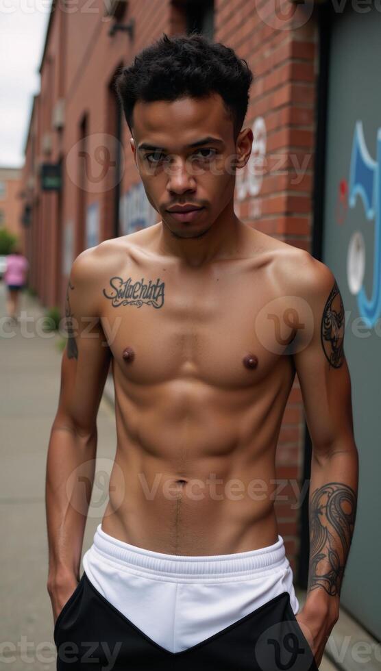 A confident tattooed streetwearclad black man stands proudly in a gritty urban setting radiating strength pride and unabashed uniqueness photo