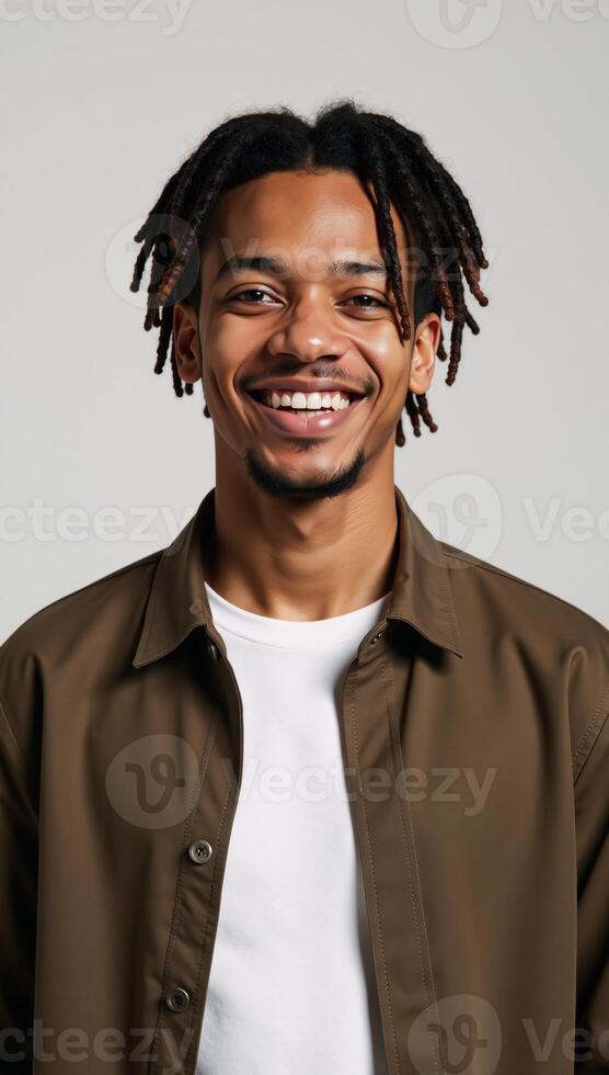 Cheerful Gen Z black man with dreadlocks exudes positive vibes and youthfulness in a vibrant image ideal for diversity inclusivity and modern youth representation photo