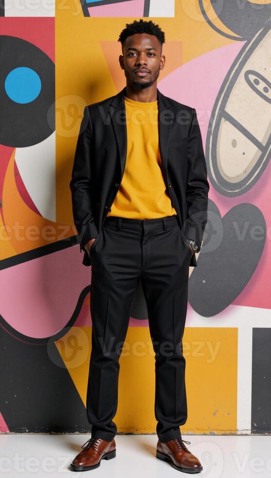 Portrait of stylish African American man blending Modern Art Collage with Geometric Shapes Graffiti Style photo