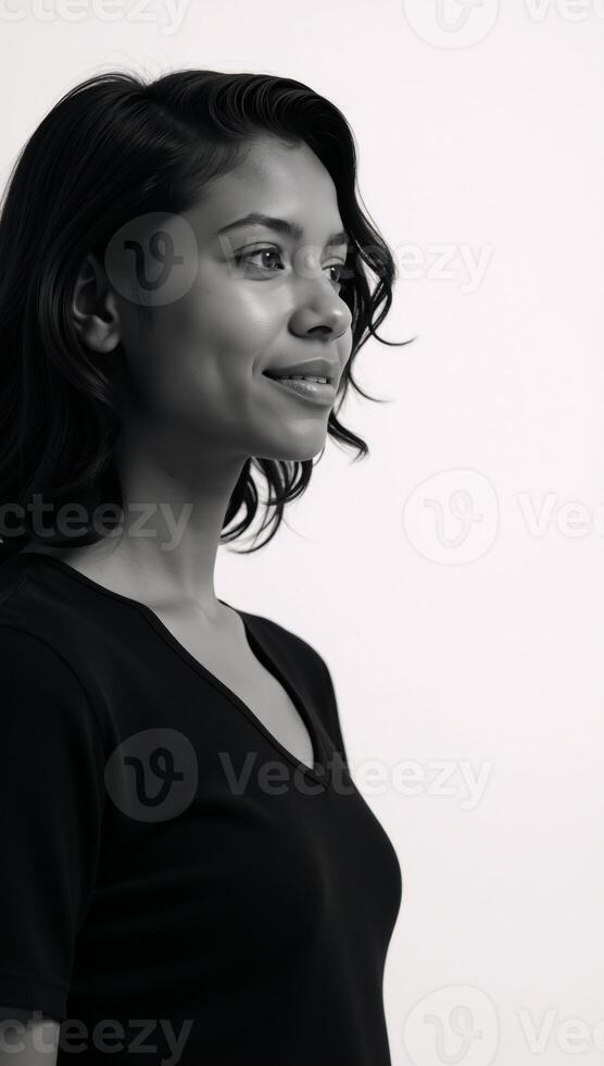 Portrait depicts a young African American woman with expressive features and styled hair gazing offframe photo