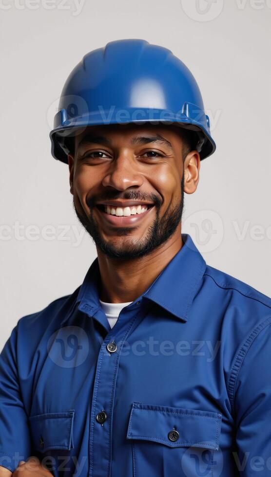 A smiling African American security guard wears a blue uniform and helmet photo