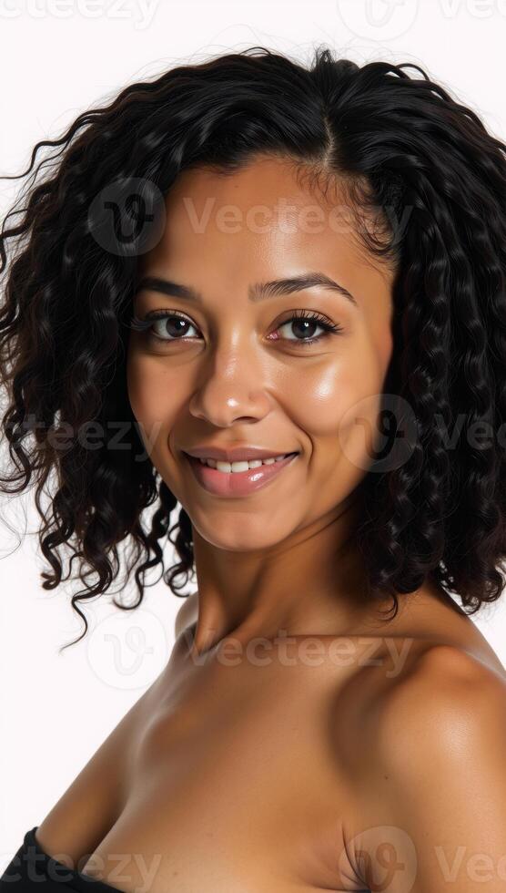 Stunning African American model portrayed with curly braids and a sharp jawline against a white background in the style of Beautiful Portraits concept photo