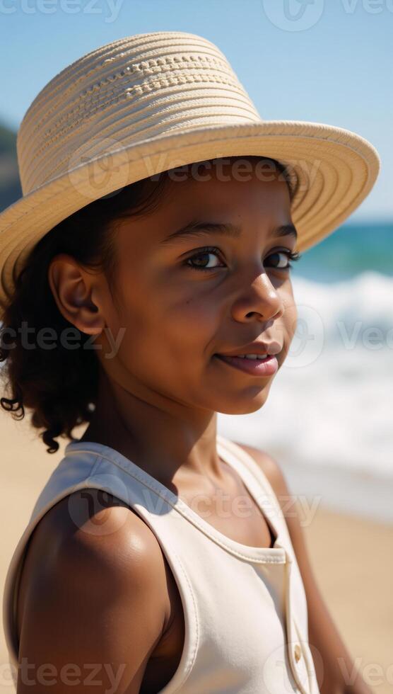 African American girl donning a hat at the beach photo