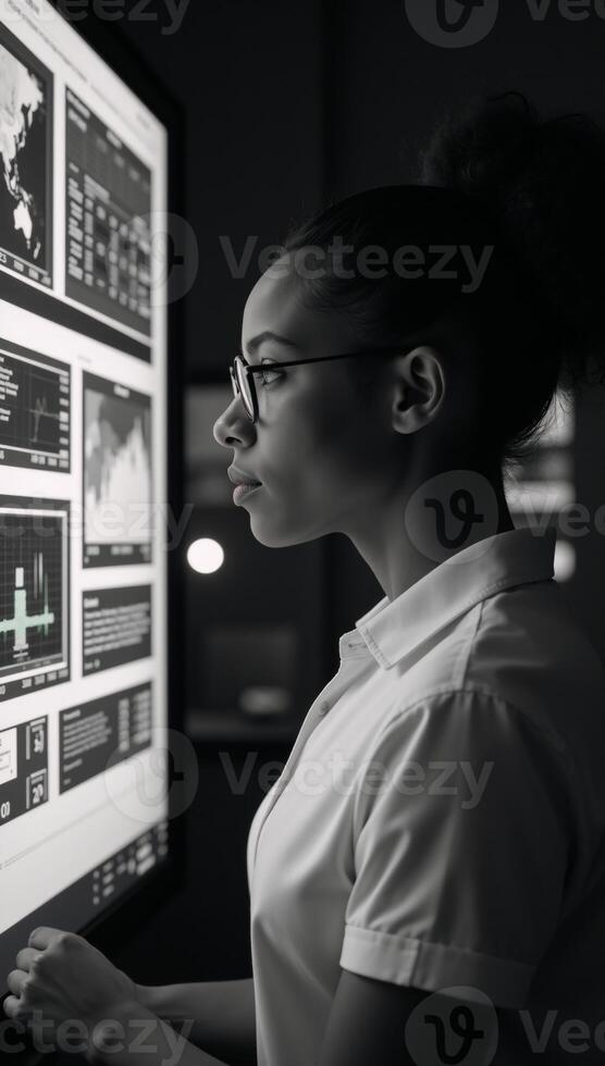 Black female IT specialist examining cyber threats ARAI elements sideprofile view with copy space for text overlay photo