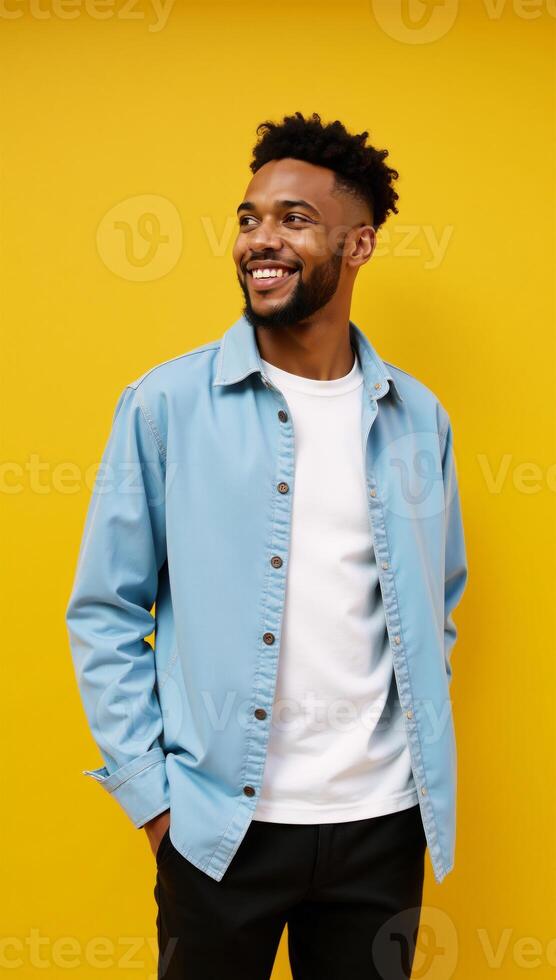 A cool stylish Gen Z black hipster stands on a bright yellow backdrop gazing off into ad space with a happy expression photo