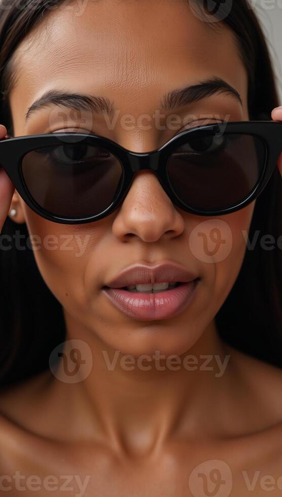 Portrait of a stylish African American woman wearing sunglasses closeup detailed photo