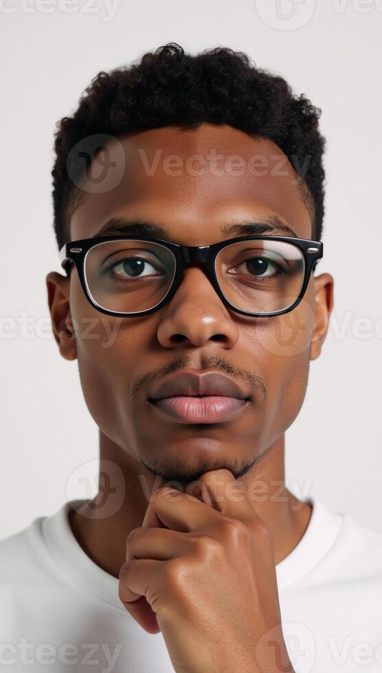 Portrait depicts a thoughtful black male college student with glasses conveying emotions and expressions within a bright minimalist setting in the style of a cartoon character photo