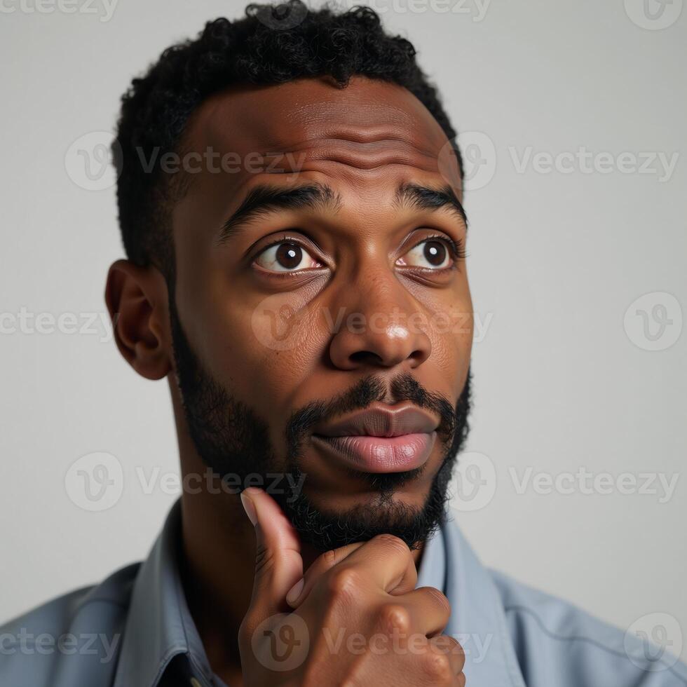 A contemplative AfricanAmerican man named David ponders over difficult decisions as he solves complex problems with an air of concern and introspection photo