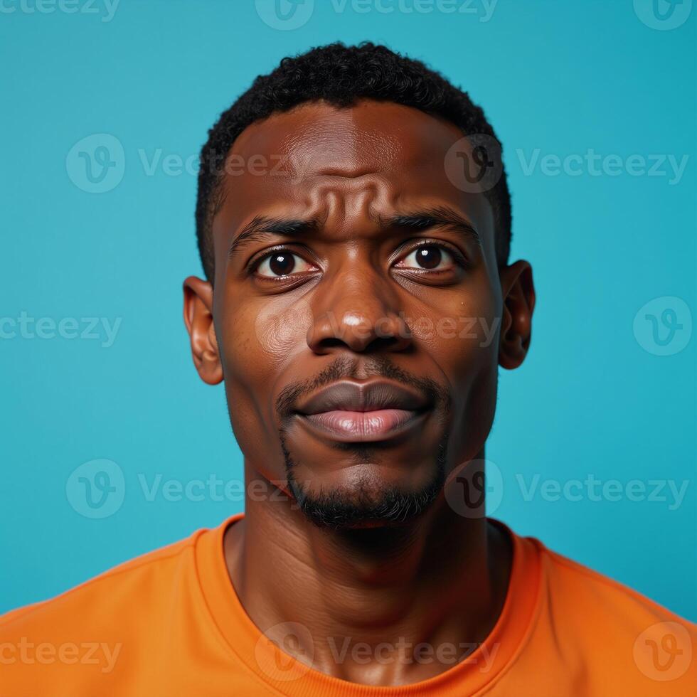 Portrait of puzzled African American man in orange top set against vibrant blue backdrop photo