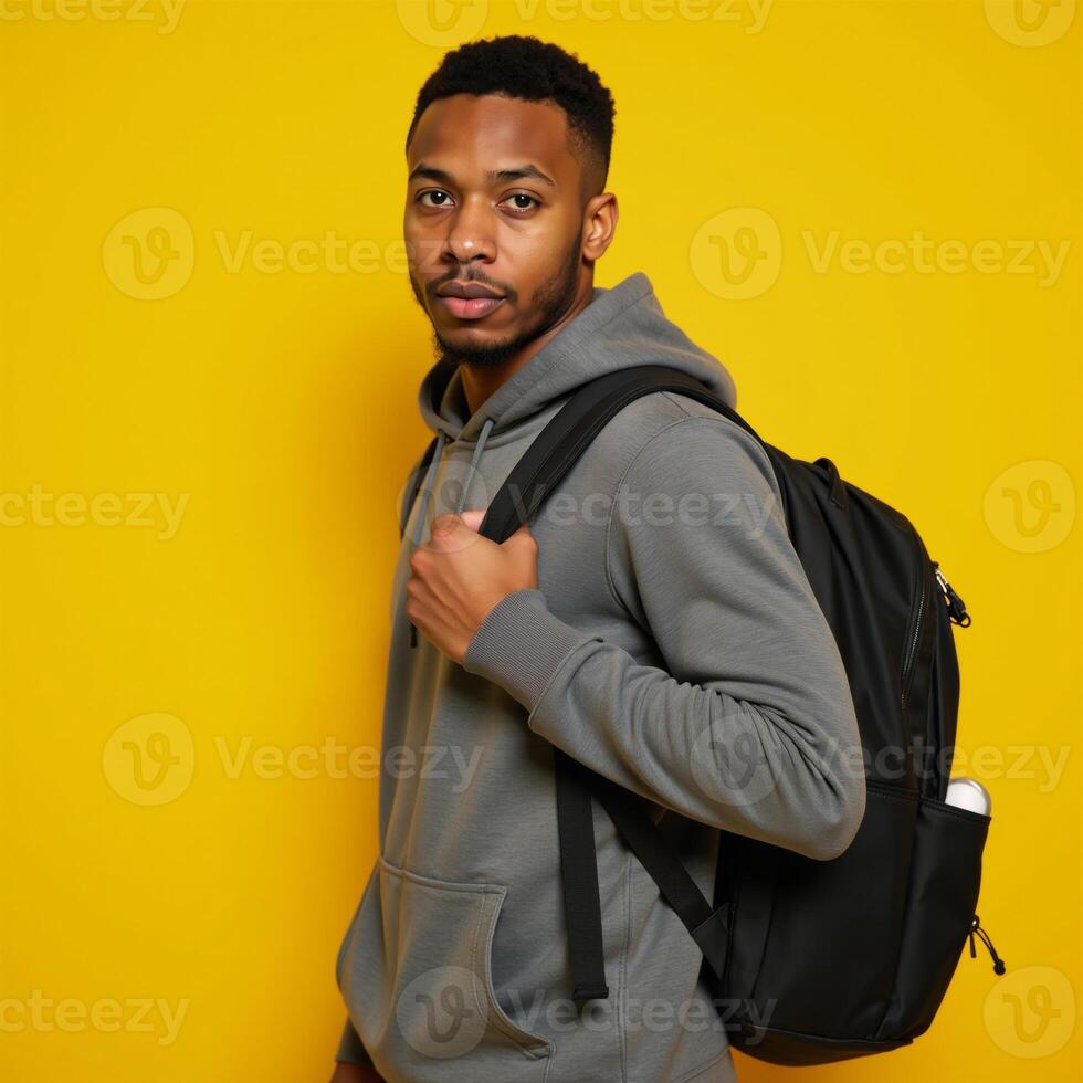 Handsome AfricanAmerican male college student poses alone against bright yellow backdrop with backpack and hoodie photo