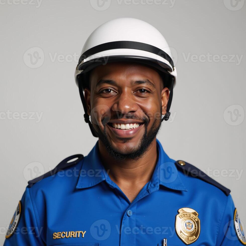 A smiling African American security guard wears a blue uniform and helmet photo