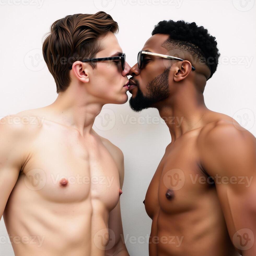 Illustrated portrait showcases an androgynous couple in sunglasses kissing with one model being Caucasian and the other AfricanAmerican in a simplified design photo