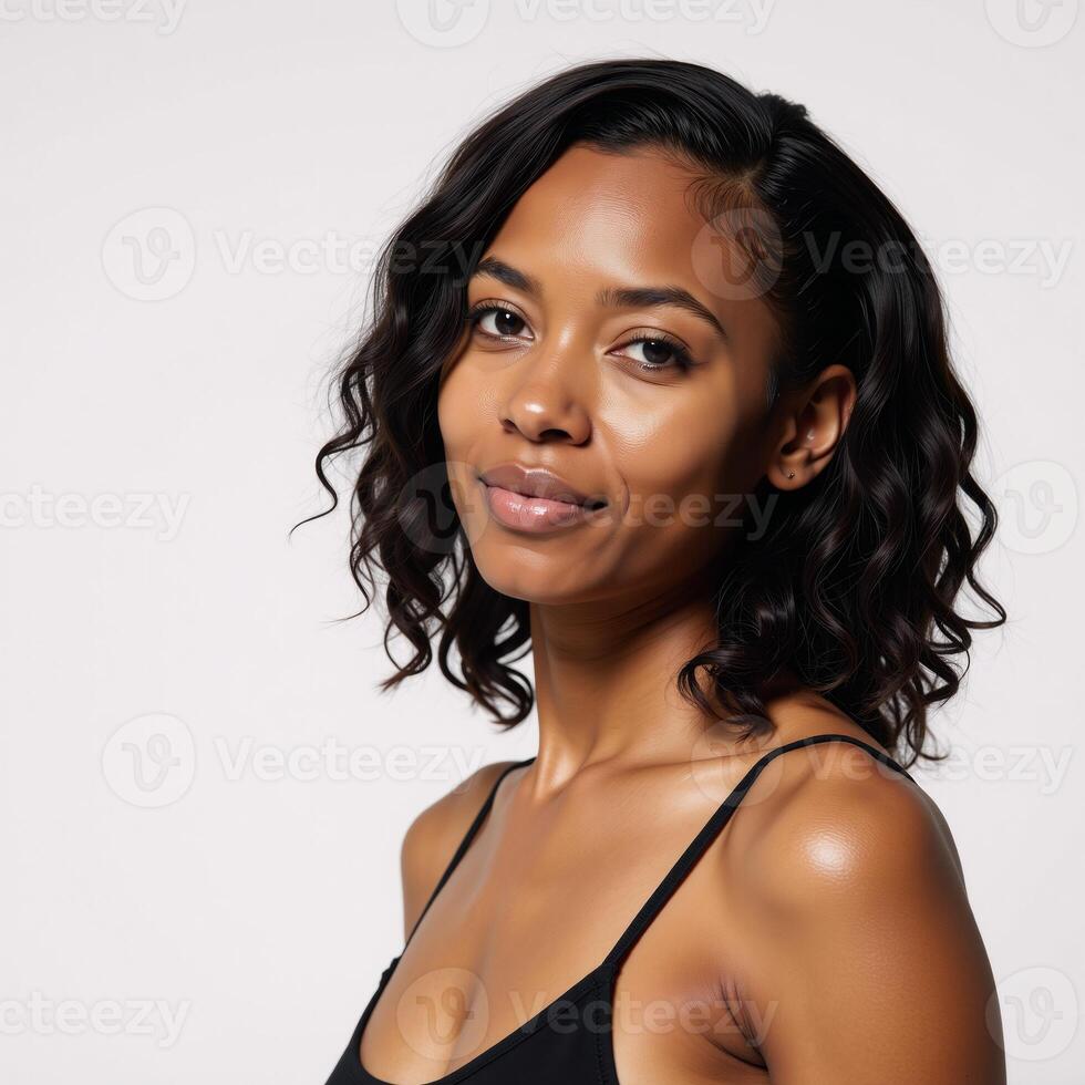 Stunning African American model portrayed with curly braids and a sharp jawline against a white background in the style of Beautiful Portraits concept photo