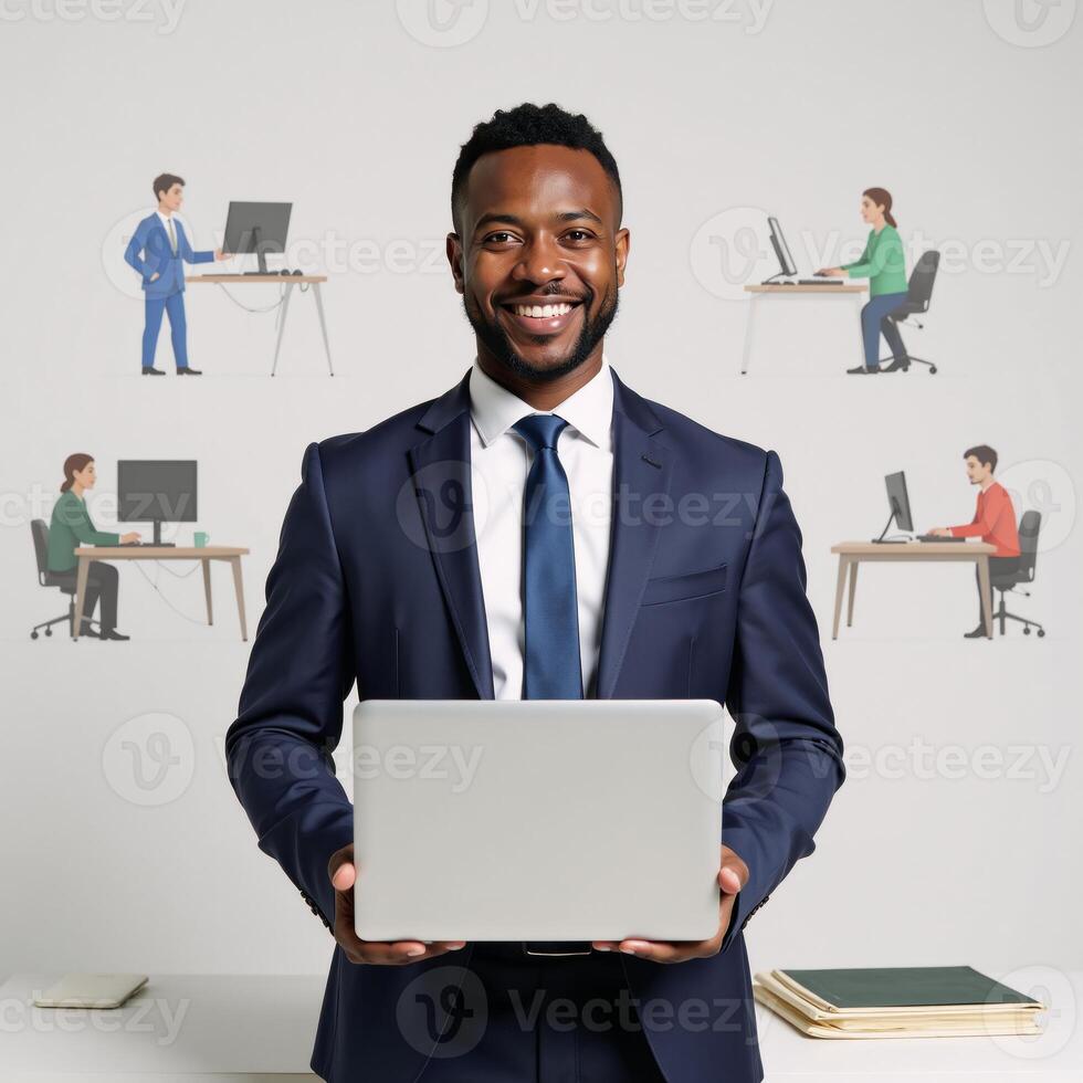 An African American man named David smiles while holding a laptop in an officethemed portrait featuring cartoon characters communicating via computer against a clean white backdrop photo