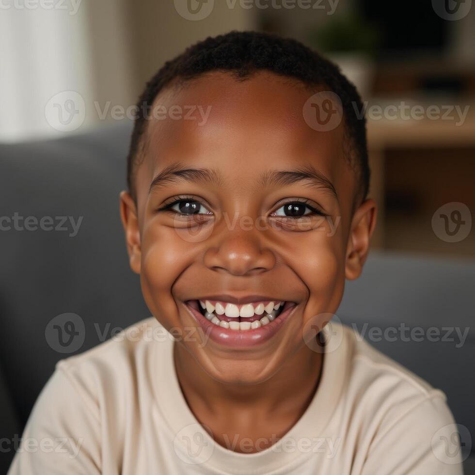 Closeup portrait of happy African American child radiating joy and innocence photo
