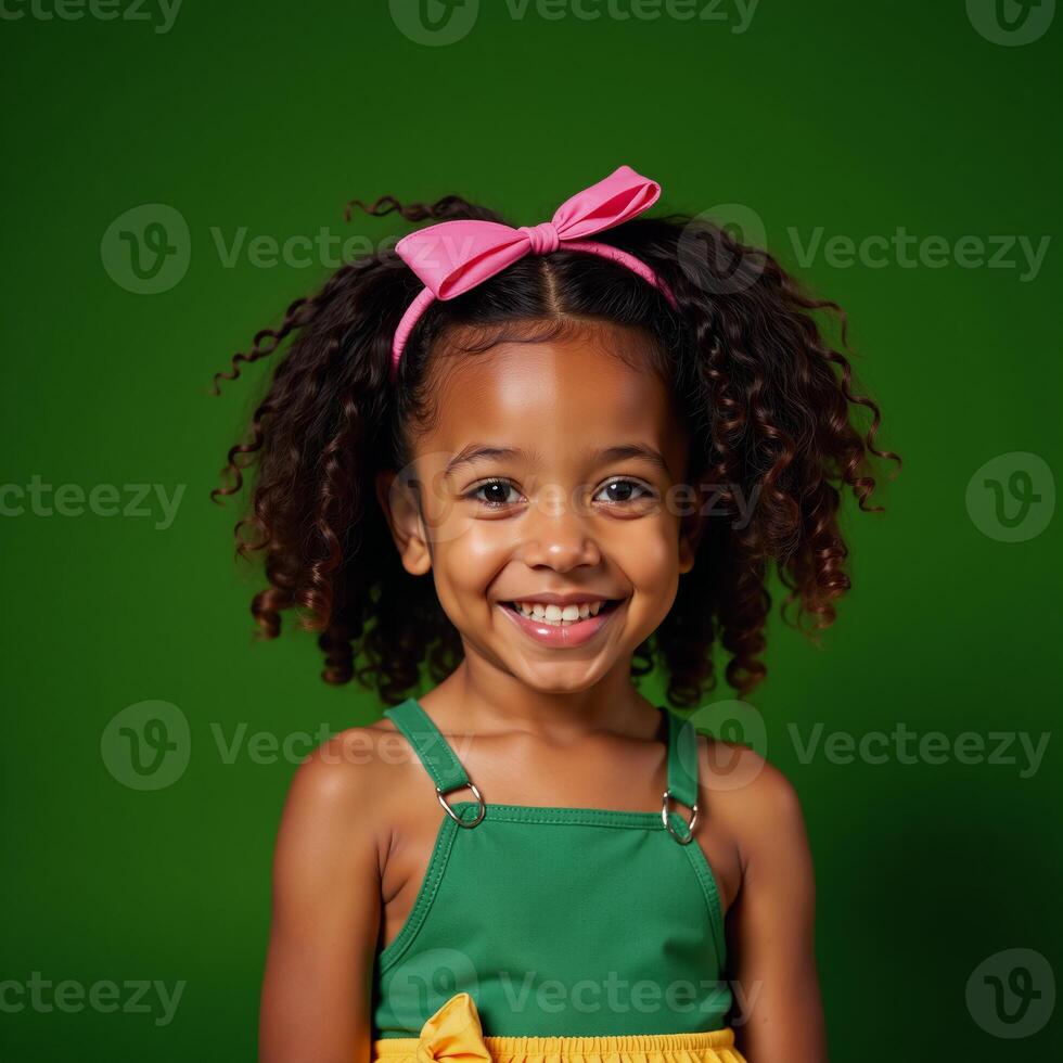 A happy African American girl with curls against a vibrant green backdrop in a beautiful unique 4K image photo