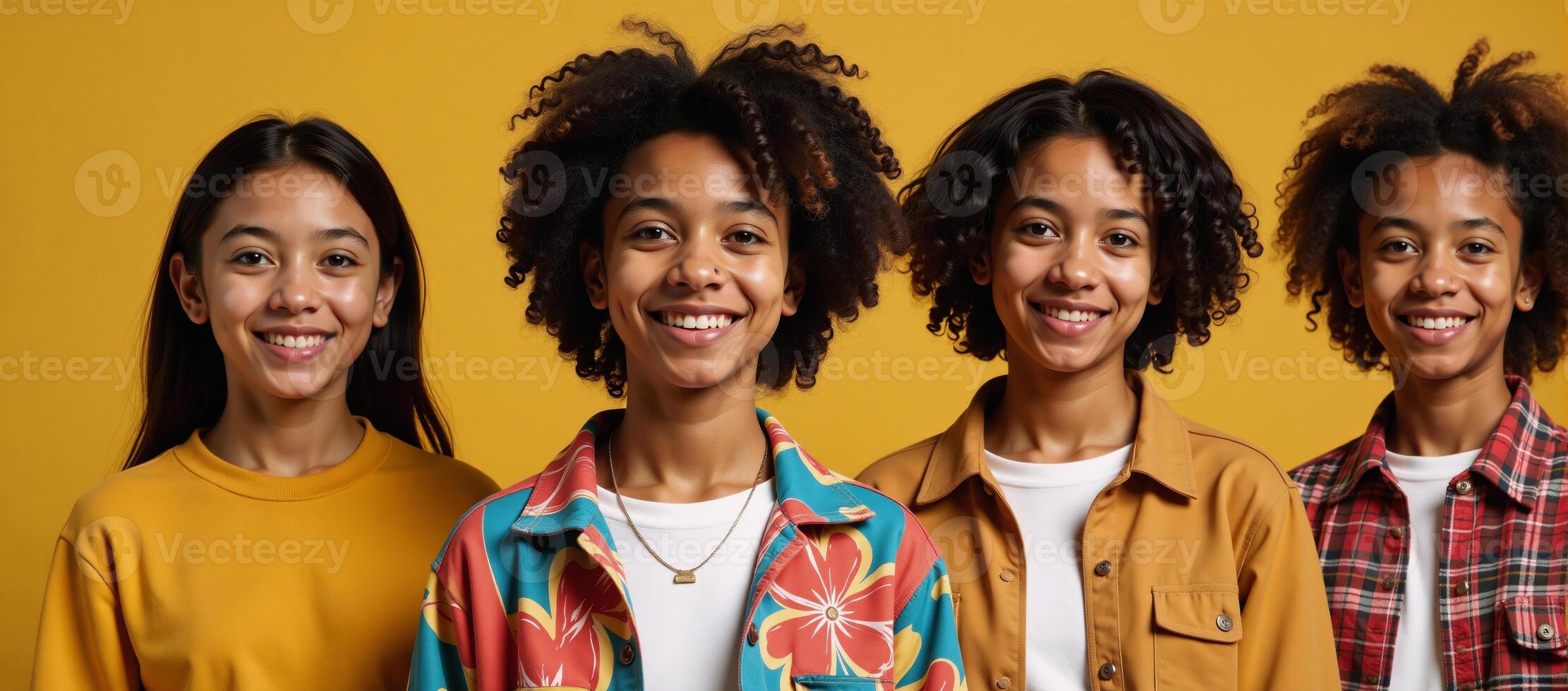 illustration featuring an upbeat stylish GenerationZ teenager of African American descent smiling against a neutral beige backdrop photo
