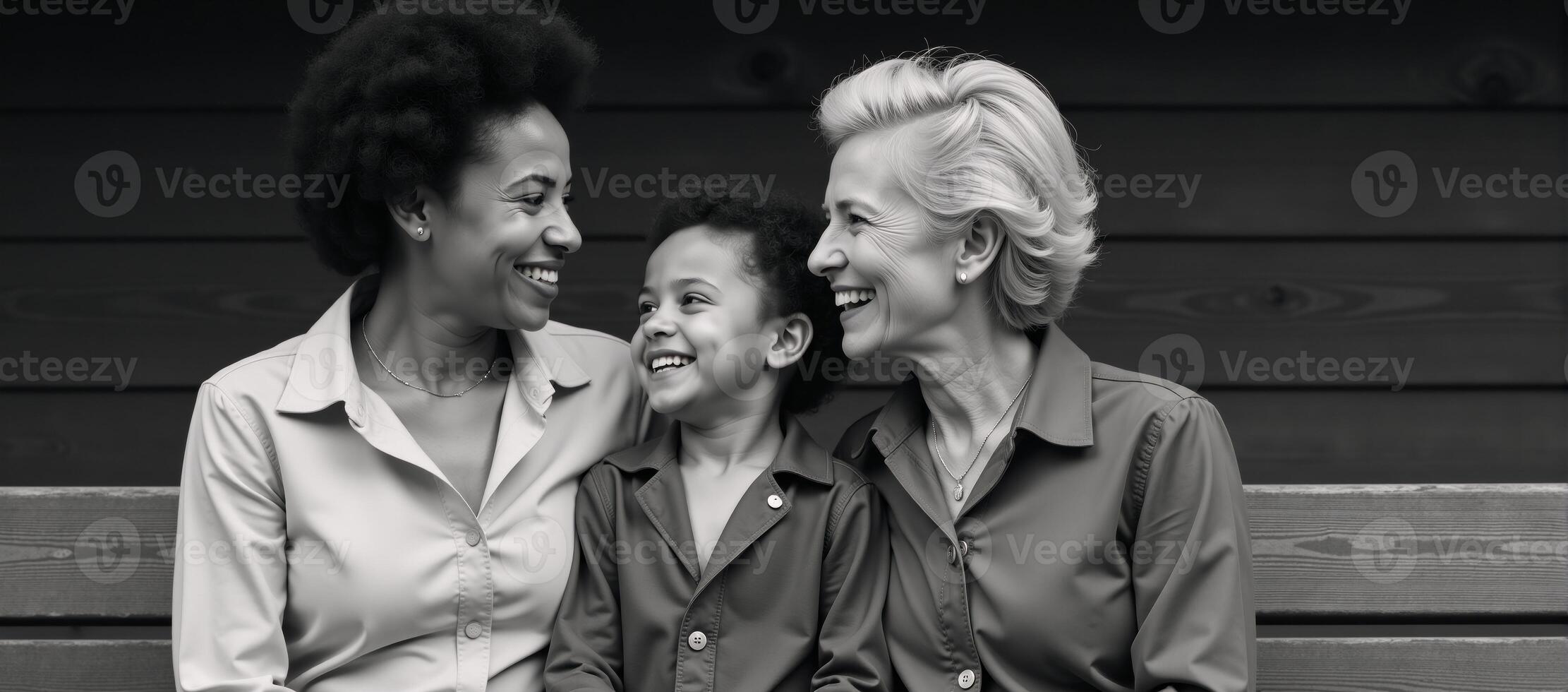 AfricanAmerican mother daughter and grandmother smiling together in a nostalgic blackandwhite photograph photo