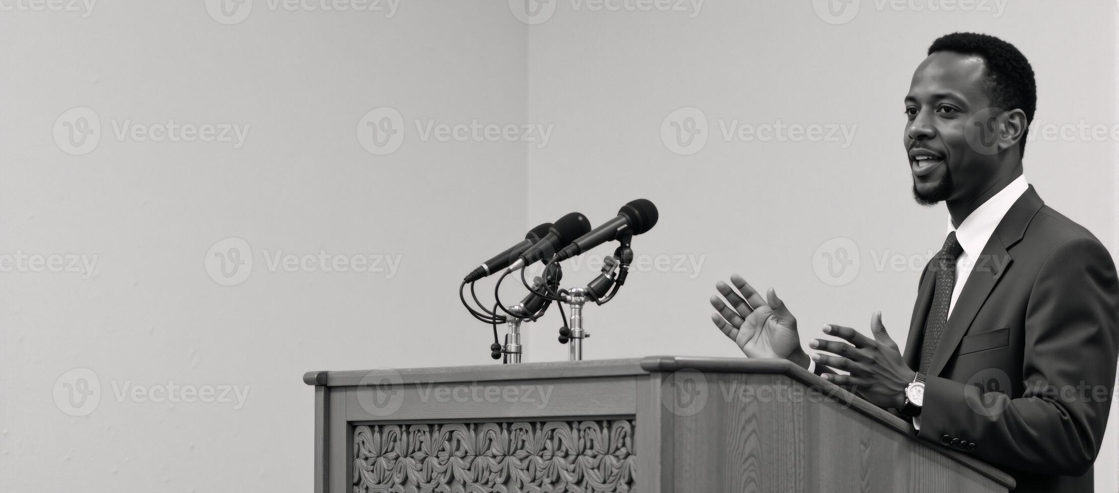 AfricanAmerican man giving an impactful speech on podium with microphone photo