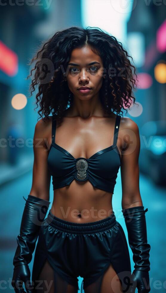 A curvaceous urban AfricanAmerican teenager strikes a dynamic pose in a glowing cityscape against a bokeh backdrop embodying a blend of superheroes and antiheroes with their vibrant fantastical photo