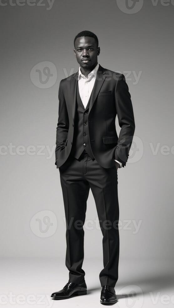 A young AfricanAmerican professional exhibits a thoughtful demeanor while dressed smartly for business attire photo