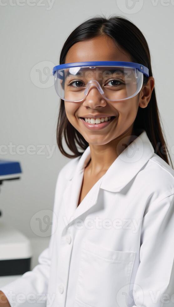 Portrait of an AfricanAmerican schoolgirl in lab with glasses and whitened background photo