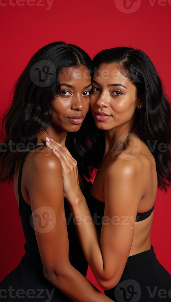 Two AfricanAmerican women both with flowing black waves posed closely on a red backdrop photo