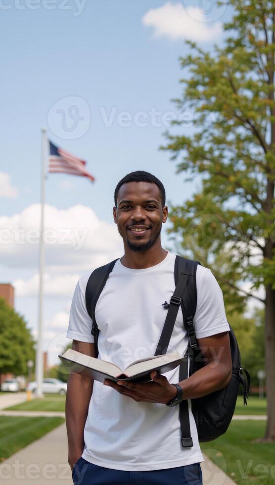 A happy AfricanAmerican student stands on an American campus studying with a book and backpack amidst a backdrop of the iconic stars stripes photo