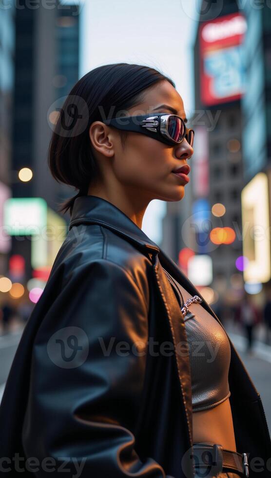 A striking highresolution photo features a bold African American woman donning futuristic goggles and a sleek leather jacket