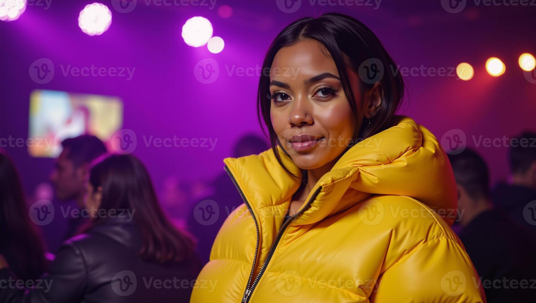 African American hiphop fashion diva posing confidently in purple club light with a yellow puffer jacket and hoodie in portrait style photo