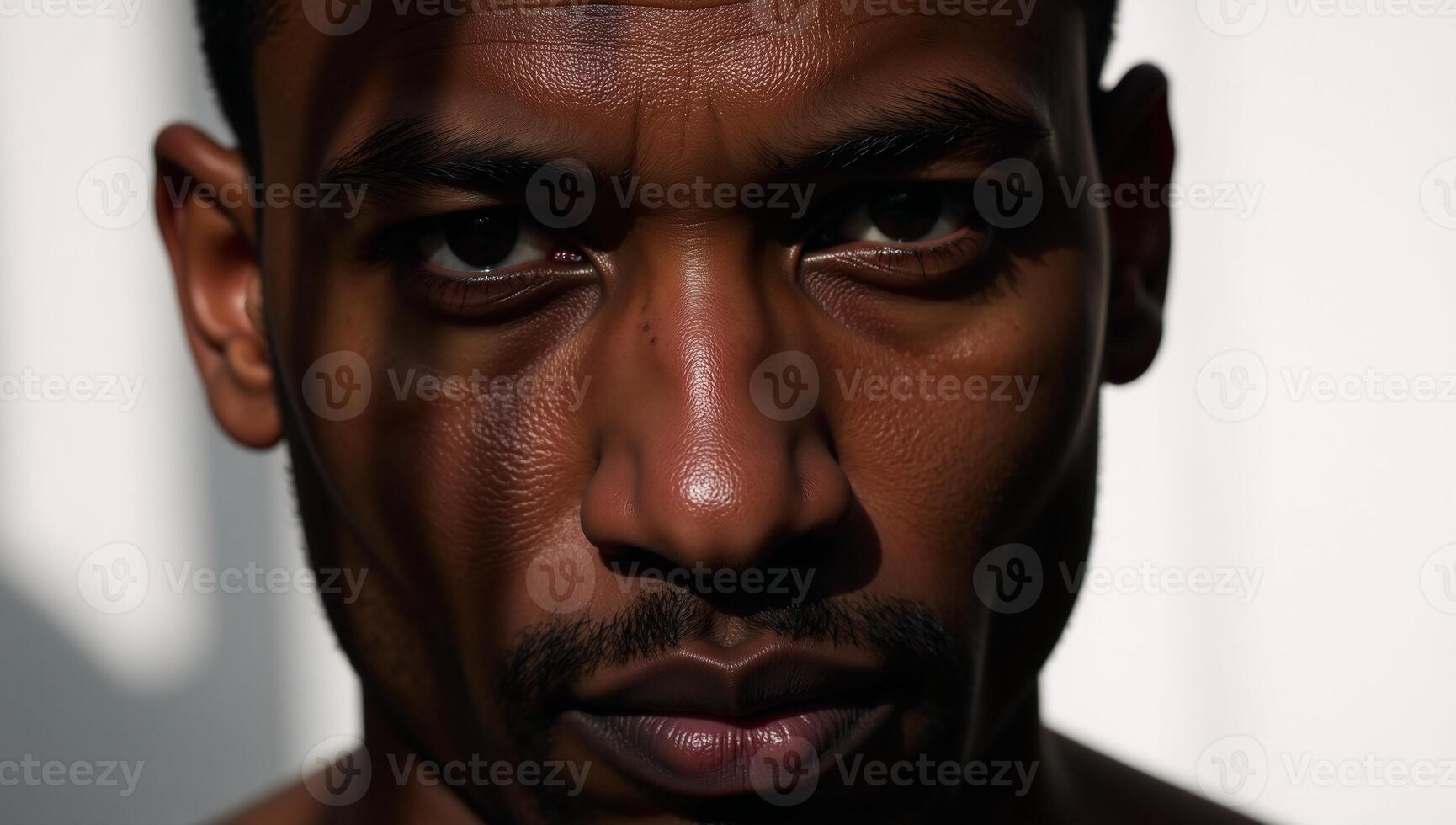 Closeup portrait of an African American man showcasing shadowy facial details and distinct striped patterns across his visage photo