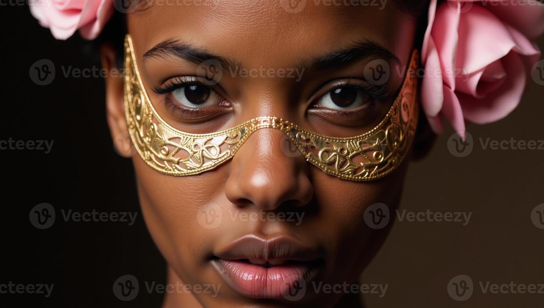 Closeup image of an African American woman donning a golden mask adorned with pink roses photo