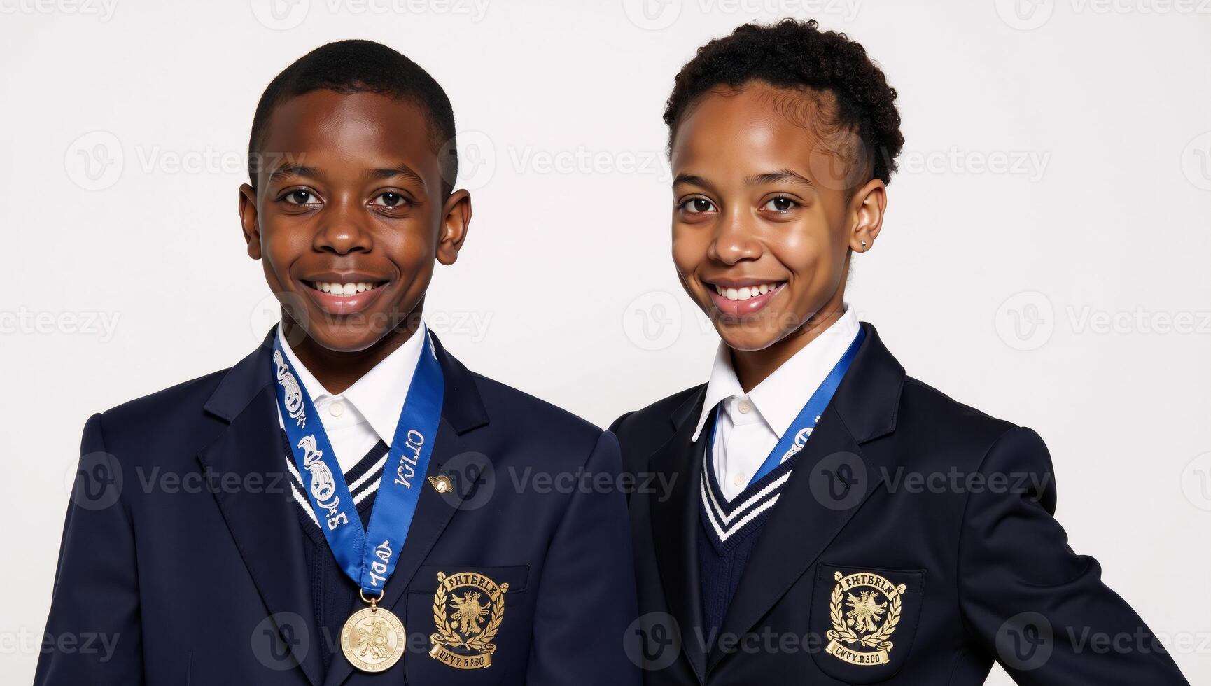Two African American children displaying their academic medals while dressed in private school uniforms photo