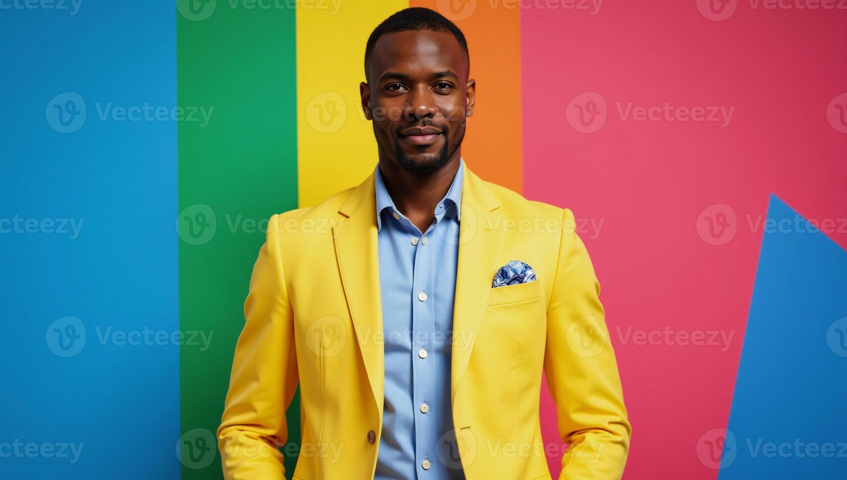 An AfricanAmerican man stands out in vibrant colors wearing a yellow and blue ensemble against a backdrop of dynamic hues photo