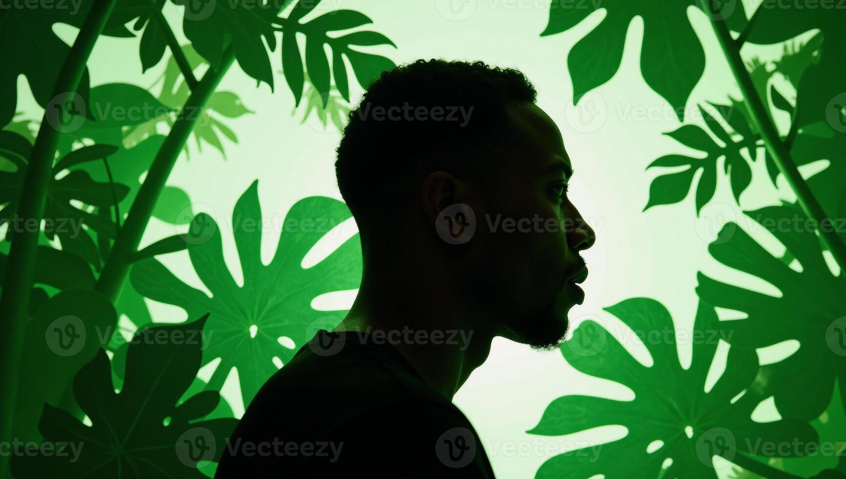 AfricanAmerican man profile with tropical plants in papercut style showcasing an interplay between human and nature rendered primarily in shades of green photo