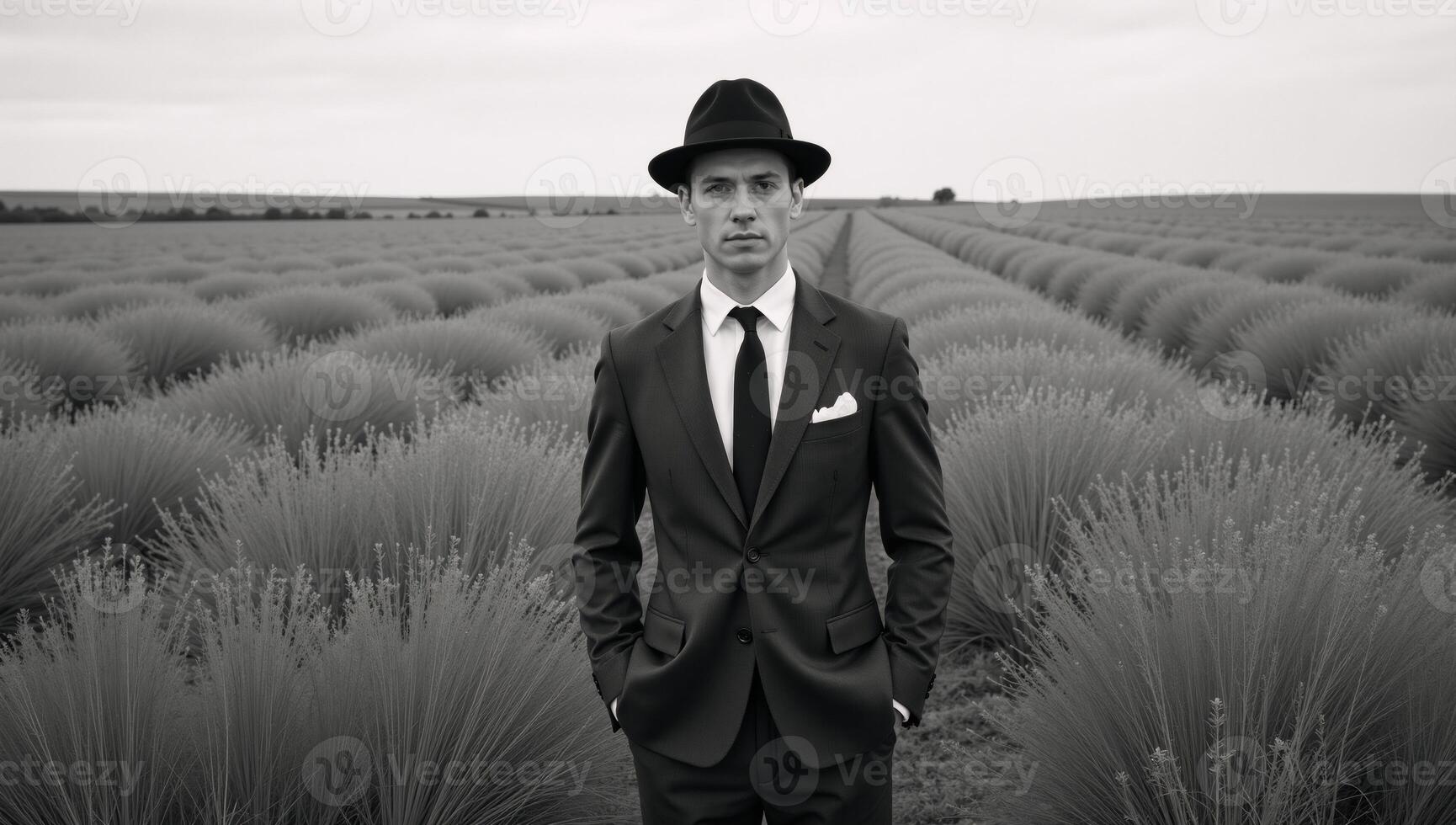 A retrostyled gentleman in suit and hat stands in a sprawling field photo