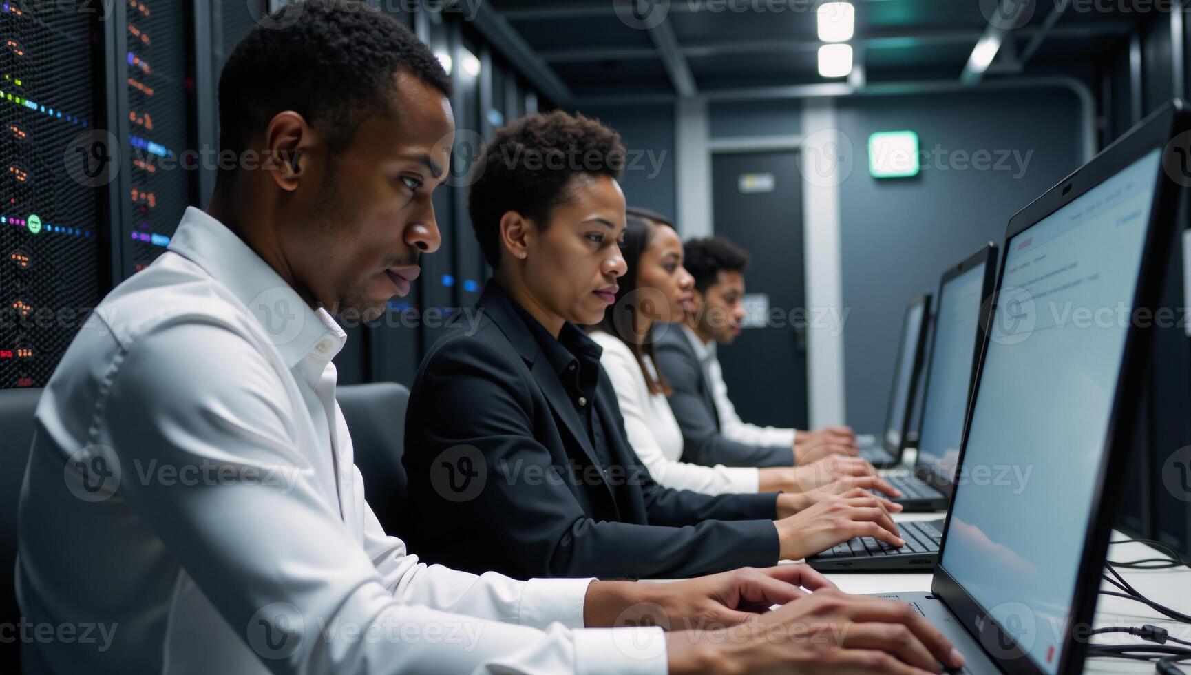 Server Room Abstract tech backdrop featuring diverse computer technicians at work photo