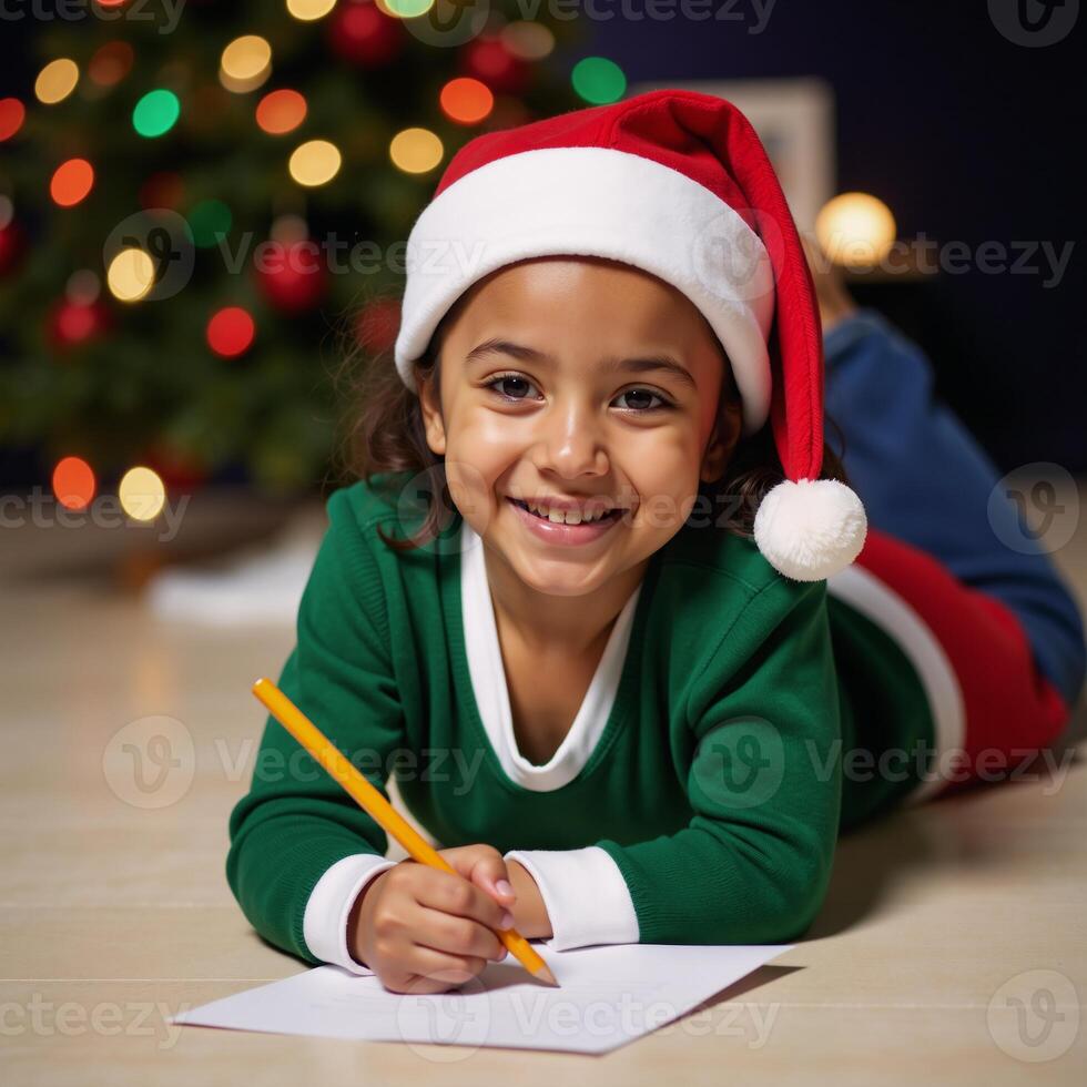 A joyful girl in Christmas hat lies on floor with pencilpaper smiles at camera amidst a blured vibrant lighting backdrop Colorful Light Setting photo