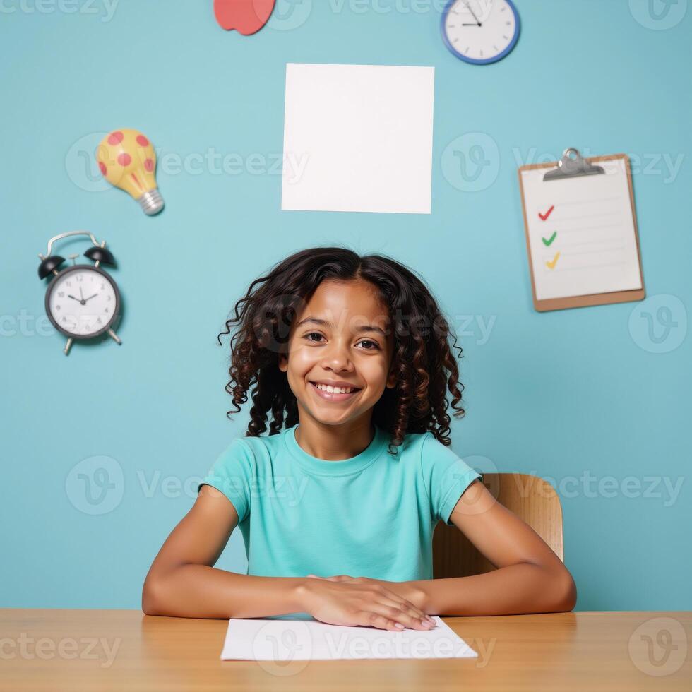 Image of a school concept featuring an African American girl and a blank paper icon for writing ideas photo
