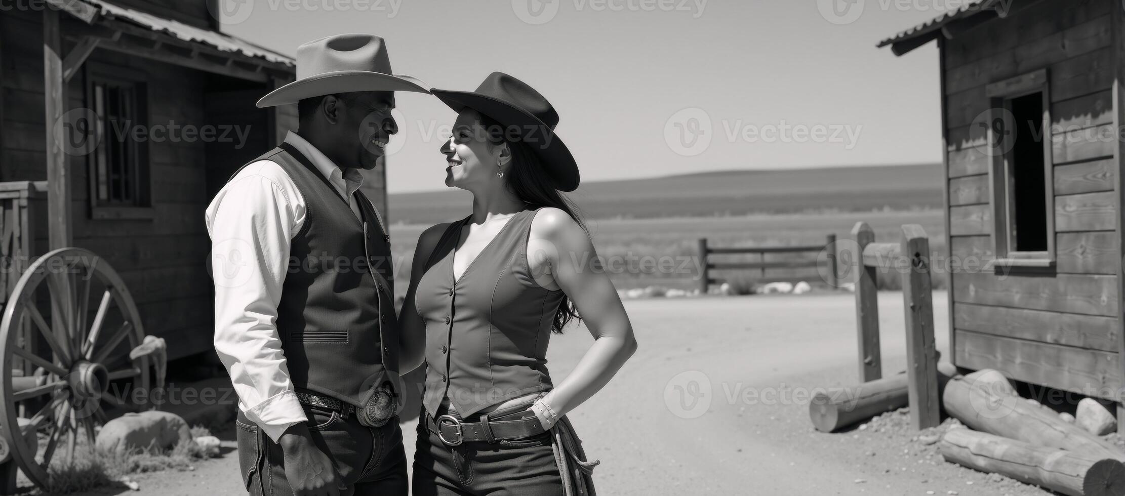 An AfricanAmerican cowboy and cowgirl engage in flirtatious banter while wearing traditional western attire complete with straw hats and vests photo