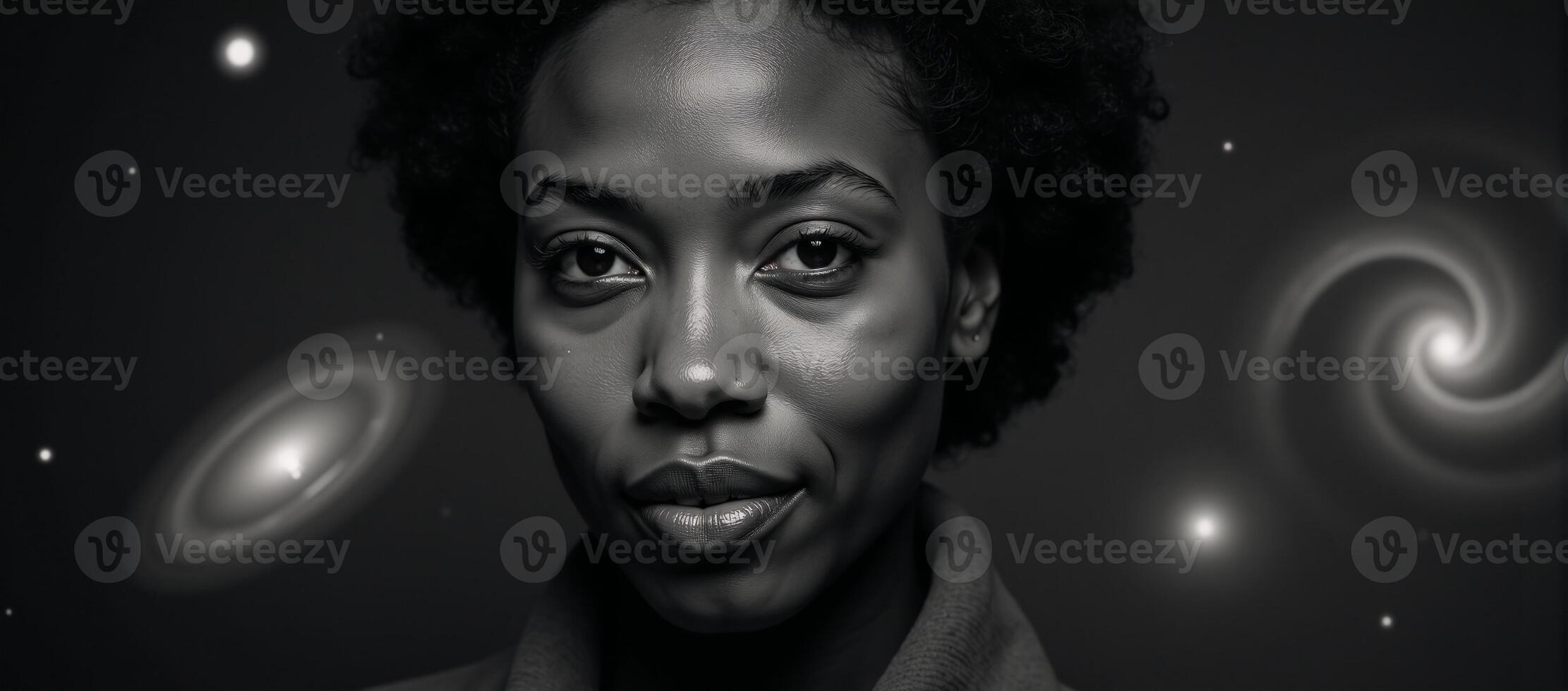 Illustrated portrait showcasing an AfricanAmerican individual amidst cosmic imagery emphasizing themes of space diversity and education photo