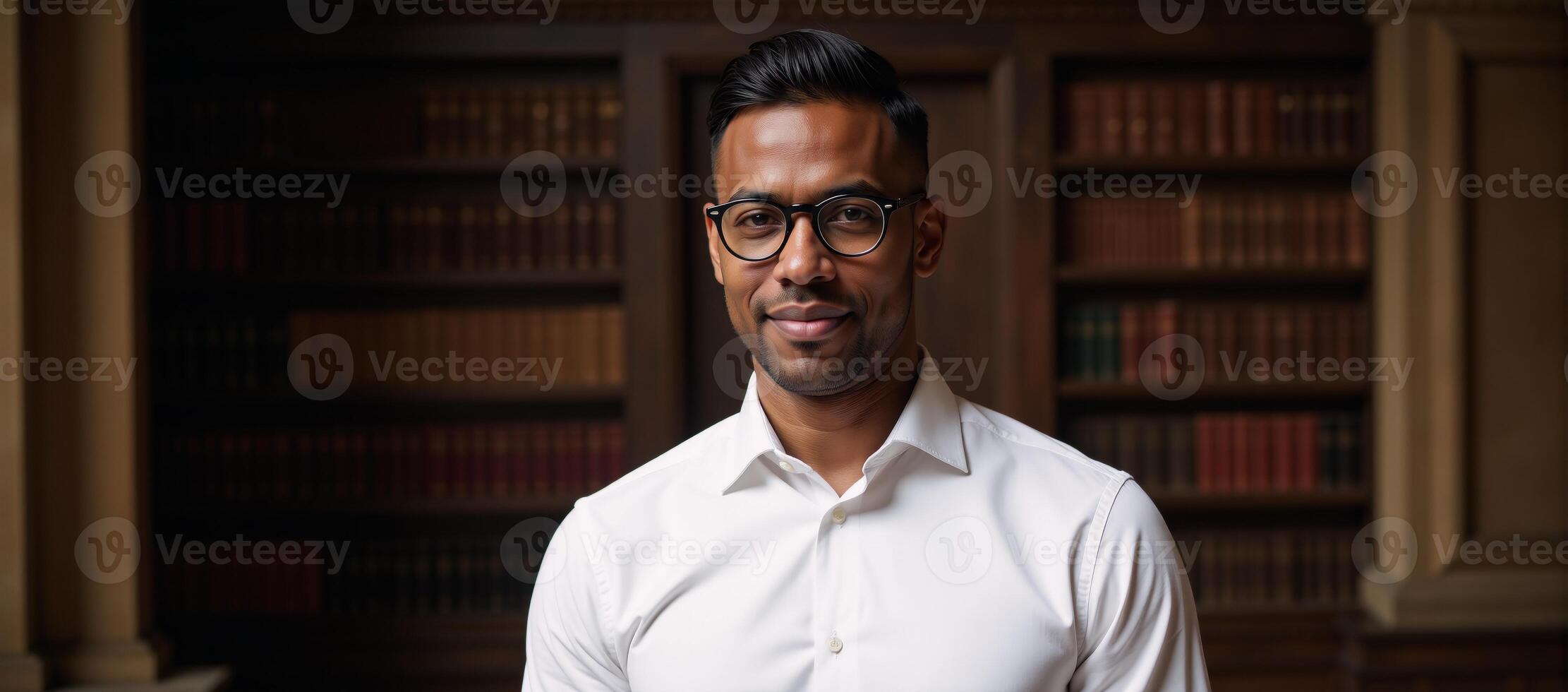Attractive middleaged Black man in glasses and slick hair dressed smartly in a white shirt posing elegantly in an opulent old library photo