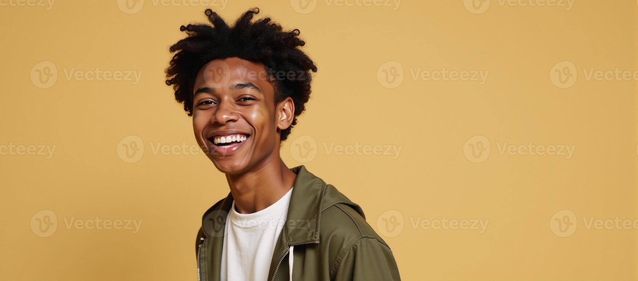 Isolated on a beige backdrop a happy Gen Z guy is captured midwink in playful style showcasing his cool ethnic features and perfectly aligned teeth photo