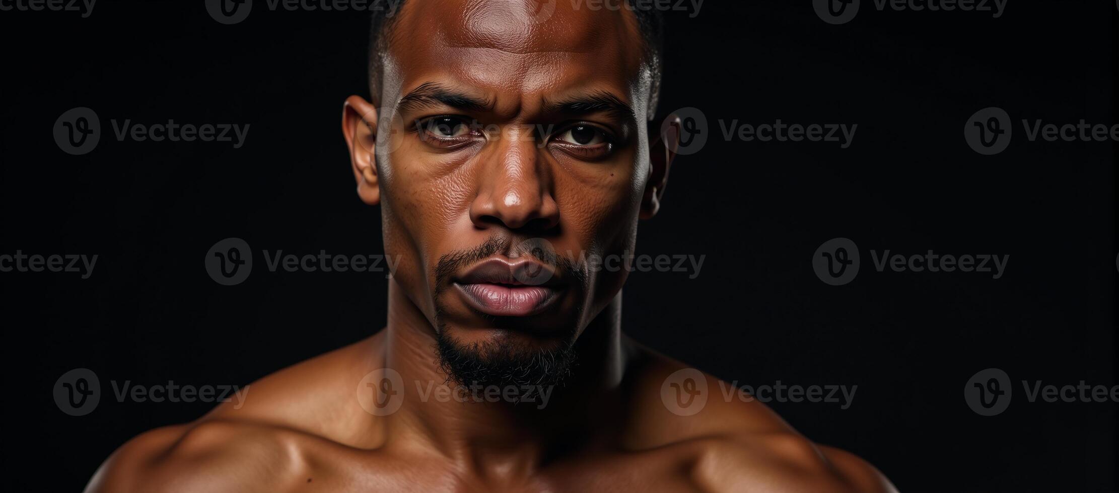 A muscular African American MMA fighter looks intensely into the camera with his head covered sweating against a dark backdrop photo