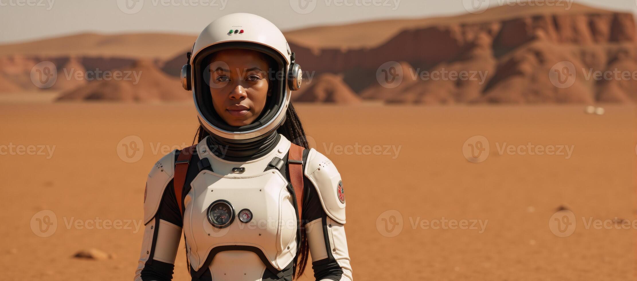 A young African American astronaut stands on Mars in a detailed spacesuit with a helmet and red desert landscape behind her exuding exploration vibes within a scifi setting photo
