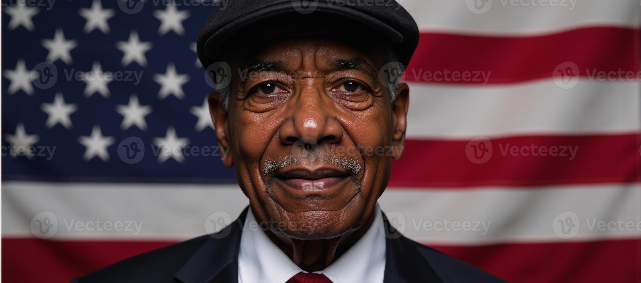 Portrait of an elderly AfricanAmerican man in a cap against an American Flag backdrop photo