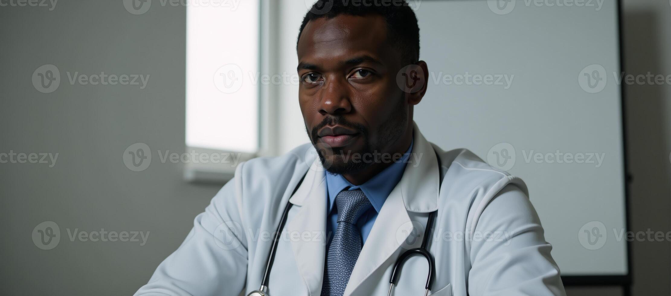 A solemn African American doctors portrait conveys the burden of their profession through the subtle expression of despondency and delicate use of soft light to highlight vulnerability photo
