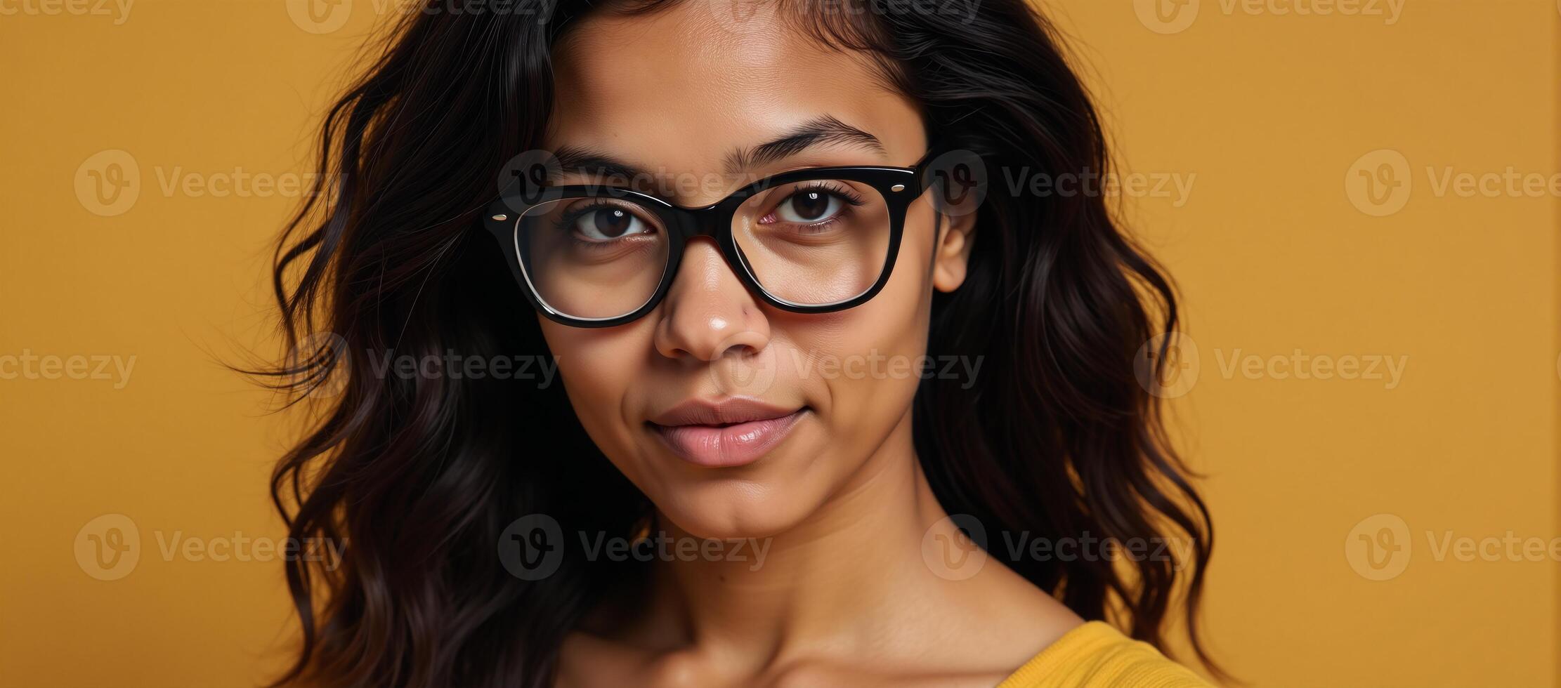 A young African American woman with glasses poses relaxed yet serious in simple portrait photo