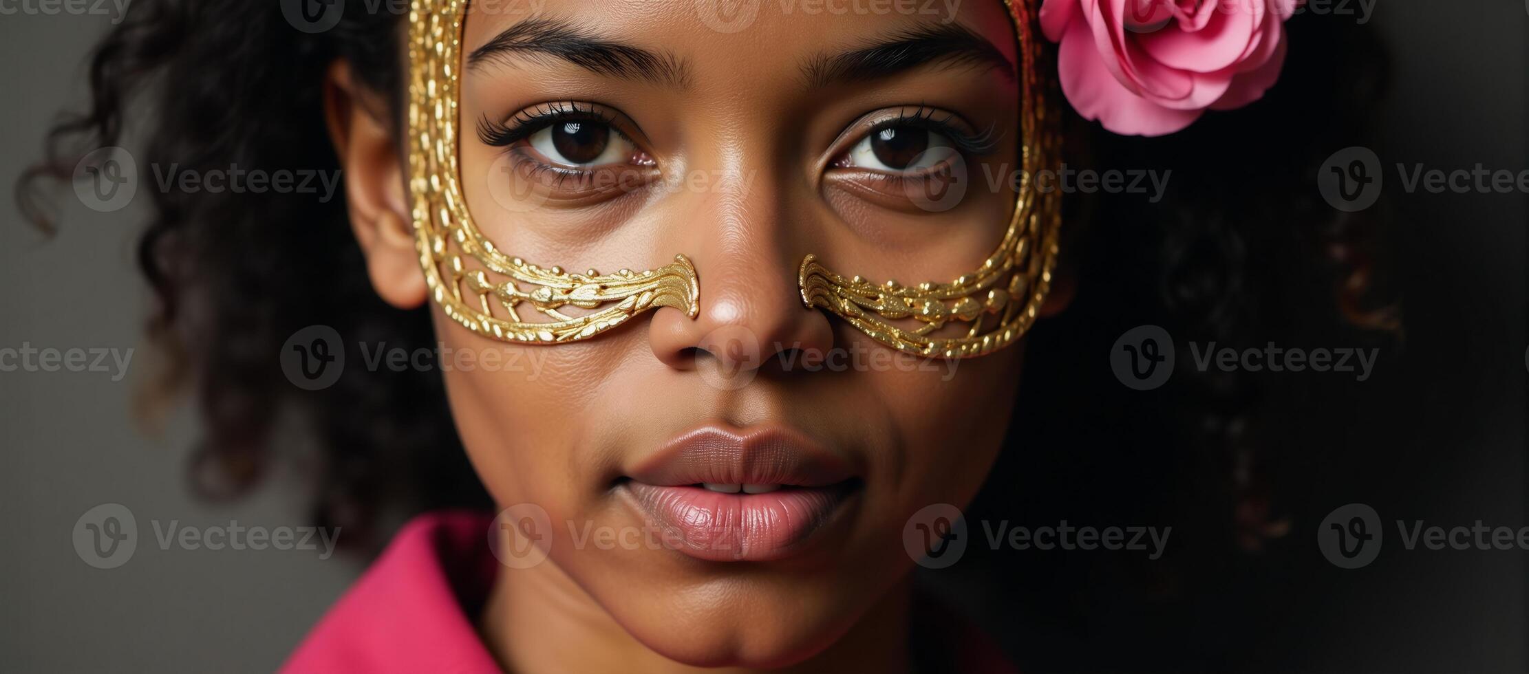 Closeup image of an African American woman donning a golden mask adorned with pink roses photo