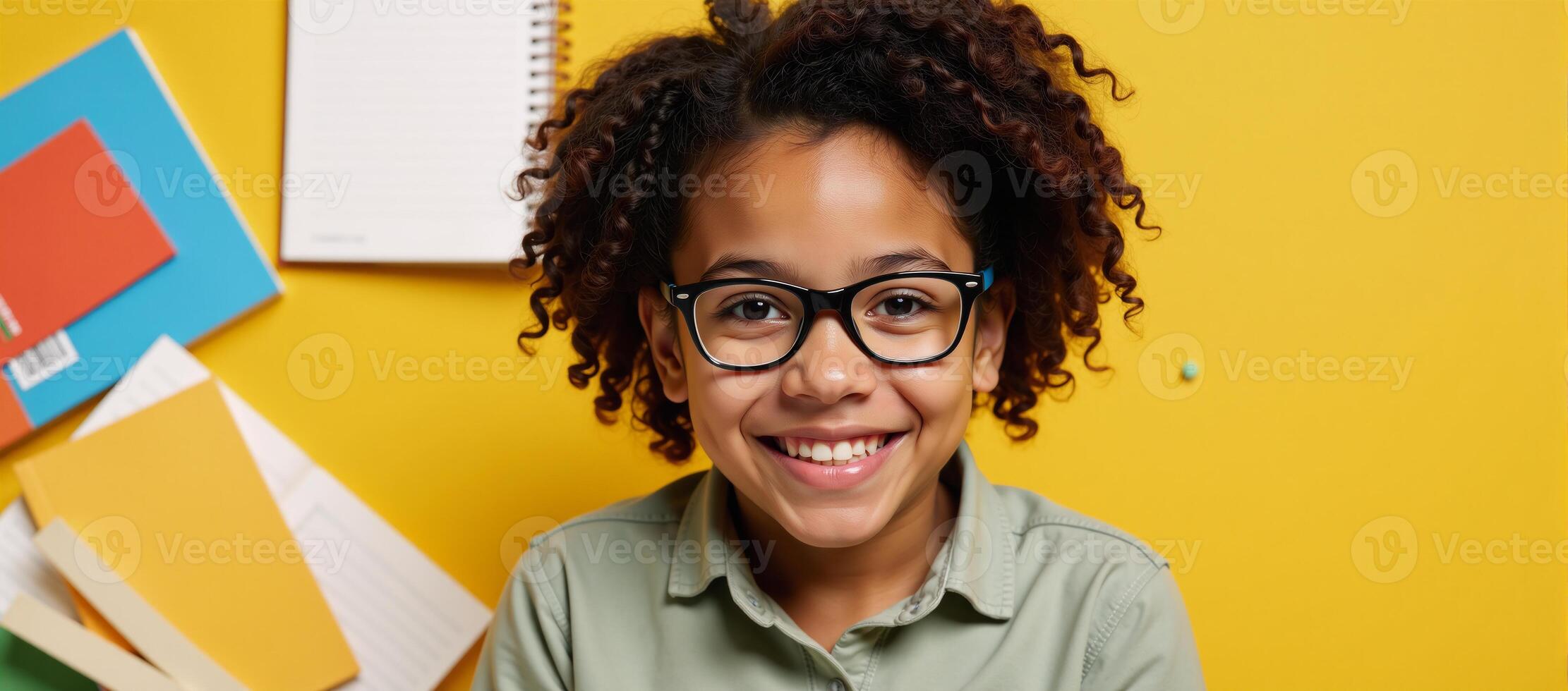 African American Schoolgirl wearing glasses smiles at camera amidst stacks of books on a sunny yellow backdrop captures themes of education and selfdevelopment generated by photo